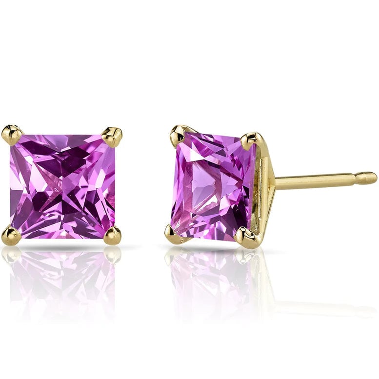 18k Yellow Gold Plated 1/4 Carat Princess Cut Created Pink Sapphire Stud Earrings 4mm Image 1