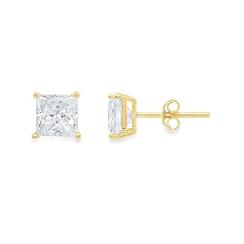 18k Yellow Gold Plated 1/4 Carat Princess Cut Created White Sapphire Stud Earrings 4mm Image 1