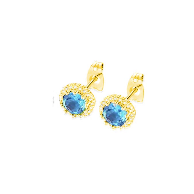 18k Yellow Gold Plated 1/4 Carat Created Halo Round Blue Topaz Stud Earrings 4mm Image 1