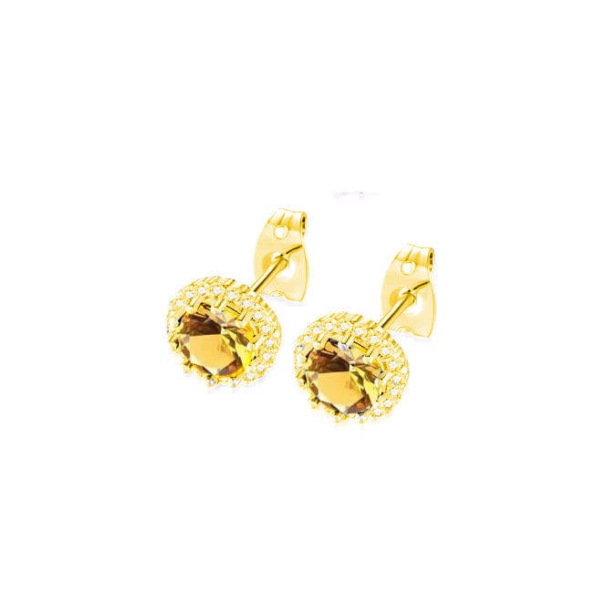 18k Yellow Gold Plated 1/4 Carat Created Halo Round Citrine Stud Earrings 4mm Image 1