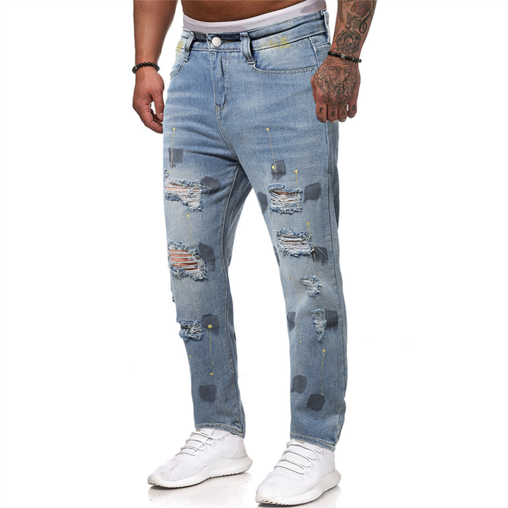 Men Ripped Jeans Fashion Men Skinny Jeans Stretch Slim Sit Casual Print Destroyed Denim Pants Mid Waist Trousers Summer Image 2