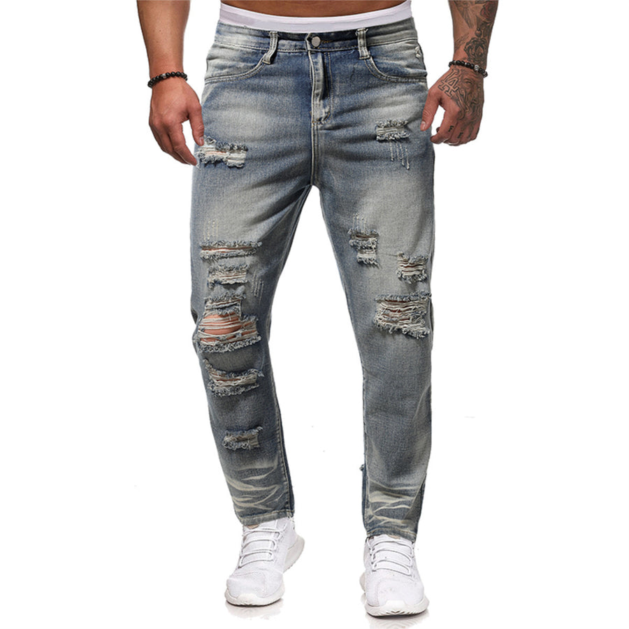 Men Slim Fit Jeans Casual Ripped Denim Pants Washed Male Solid Color Trousers Blue Motorcycle Pants Image 1