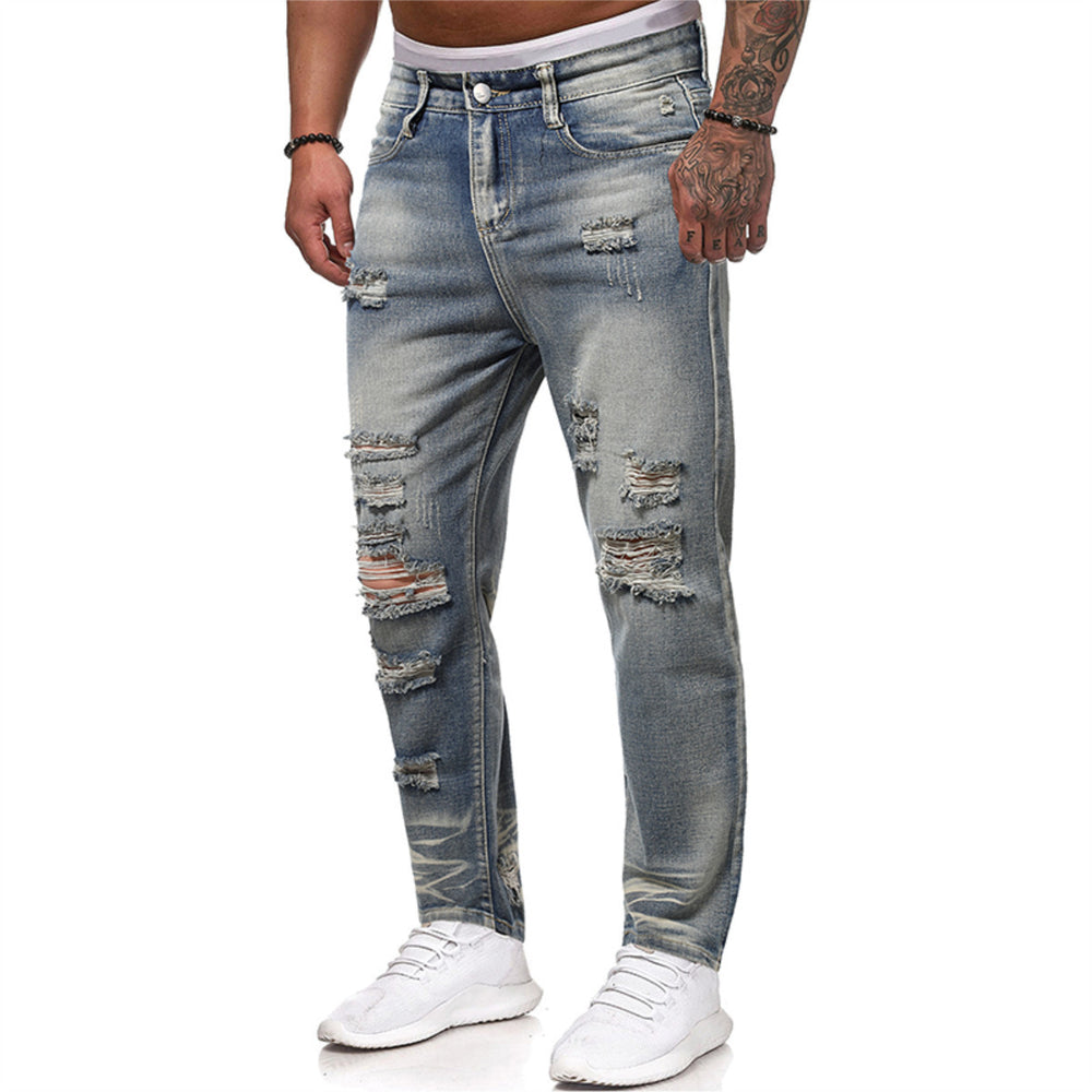 Men Slim Fit Jeans Casual Ripped Denim Pants Washed Male Solid Color Trousers Blue Motorcycle Pants Image 2