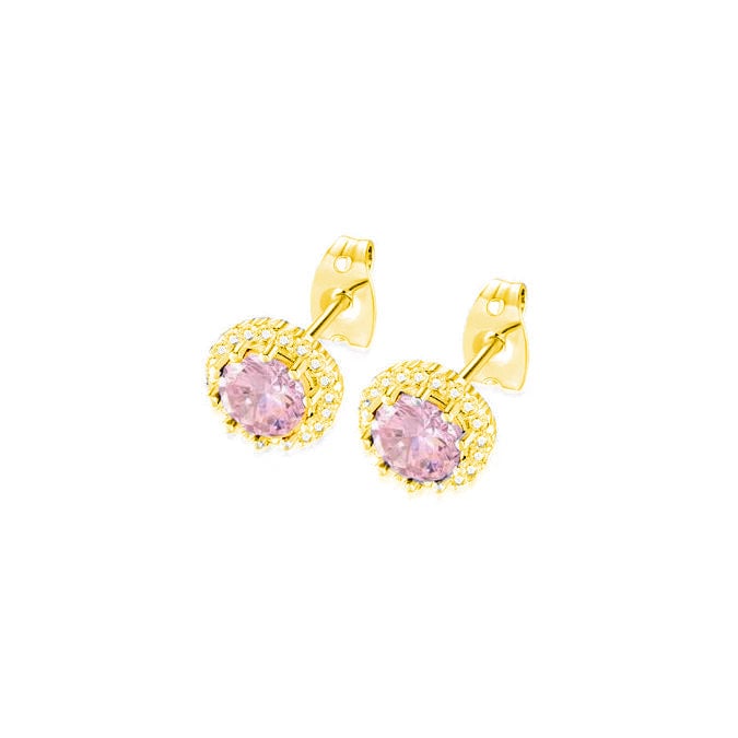 18k Yellow Gold Plated 1/4 Carat Created Halo Round Pink Sapphire Stud Earrings 4mm Image 1