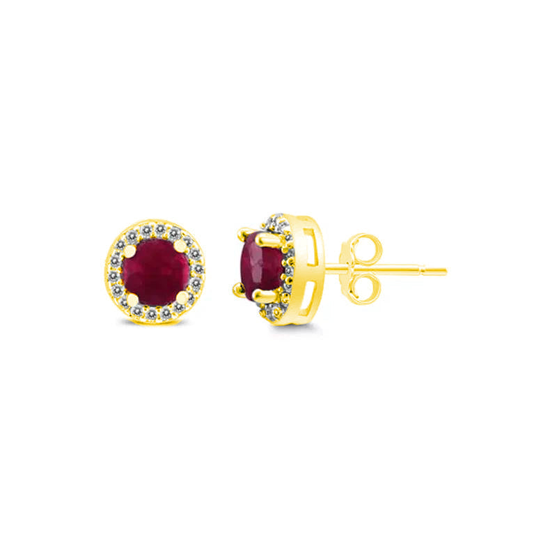 18k Yellow Gold Plated 1/4 Carat Created Halo Round Ruby Stud Earrings 4mm Image 1