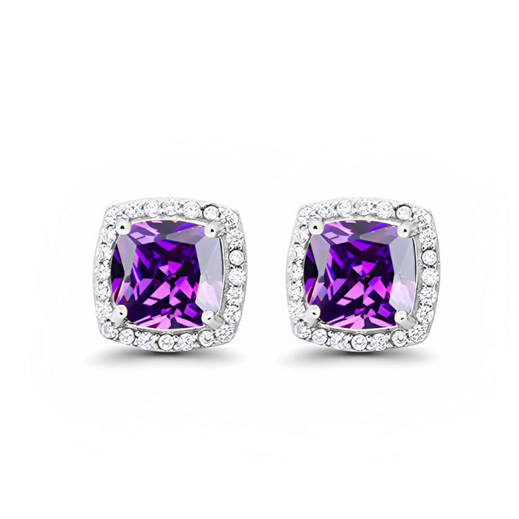 18k White Gold Plated 1/4 Ct Created Halo Princess Cut Amethyst Stud Earrings 4mm Image 1