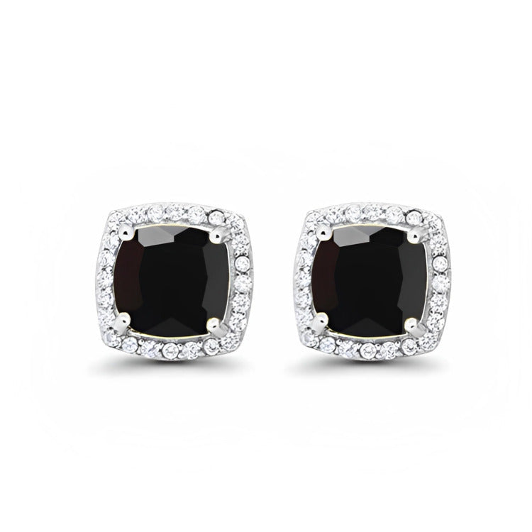 18k White Gold Plated 1/4 Ct Created Halo Princess Cut Black Sapphire Stud Earrings 4mm Image 1