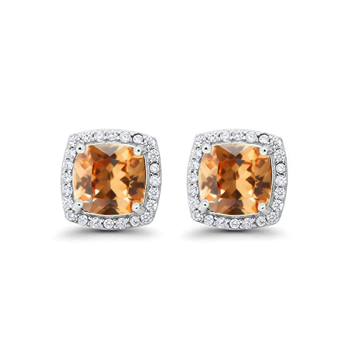 18k White Gold Plated 1/4 Ct Created Halo Princess Cut Citrine Stud Earrings 4mm Image 1