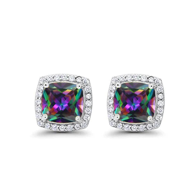 18k White Gold Plated 1/4 Ct Created Halo Princess Cut Mystic Topaz Stud Earrings 4mm Image 1