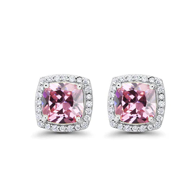 18k White Gold Plated 1/4 Ct Created Halo Princess Cut Pink Sapphire Stud Earrings 4mm Image 1