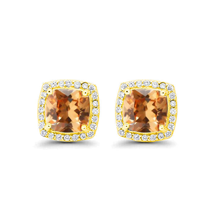 18k Yellow Gold Plated 1/4 Ct Created Halo Princess Cut Citrine Stud Earrings 4mm Image 1