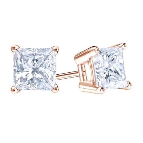18k Rose Gold 1/4 Ct White Sapphire Princess Cut Stud Earrings 4mm Plated Image 1