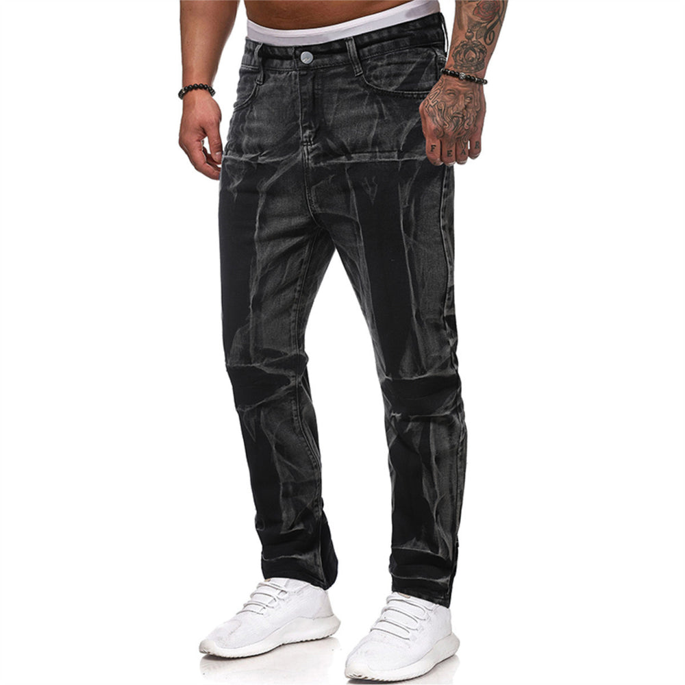 Men Fashion Jeans Regular Fit Mid Waist Washed Men Trousers Black Multi Pockets Denim Biker Jeans Image 2