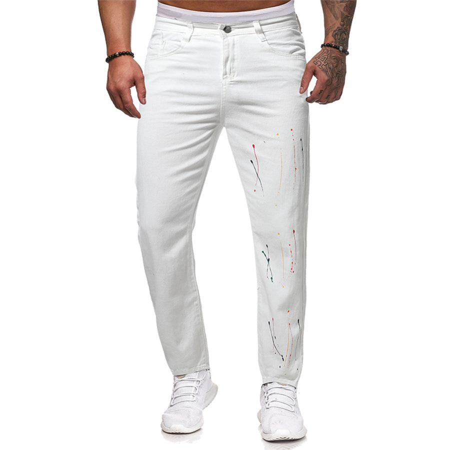 Men Jeans Casual Regular Fit Denim Pants Fashion Printing Trousers Summer Autumn Asymmetrical Line Jeans White Image 1