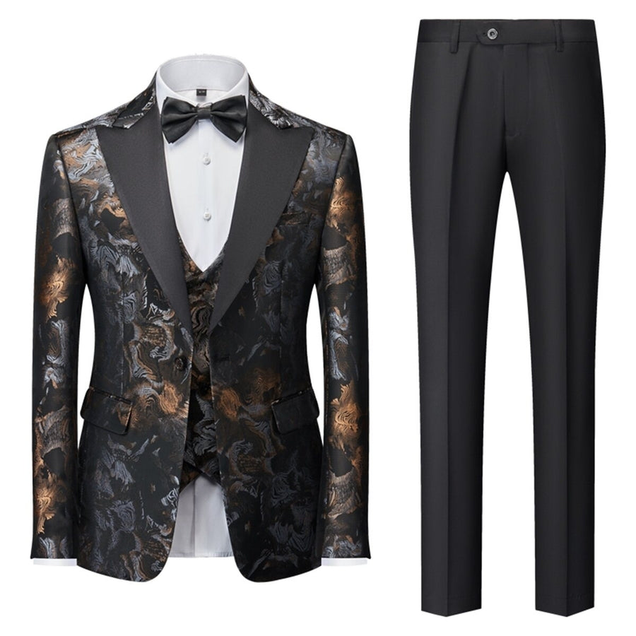 Men Suit Slim Fit 3 Pieces Elegant Gentleman Business Sets Formal Wedding Suits Single Button Printing Blazer + Vest + Image 1