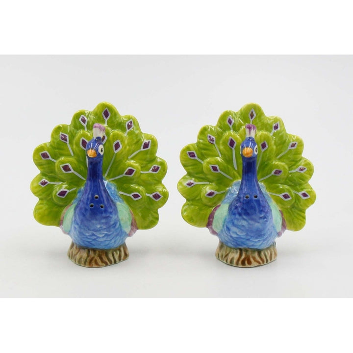 Hand Painted Ceramic Blue Peacock Salt and Pepper Shakers 3x2.25x3.38 Image 2