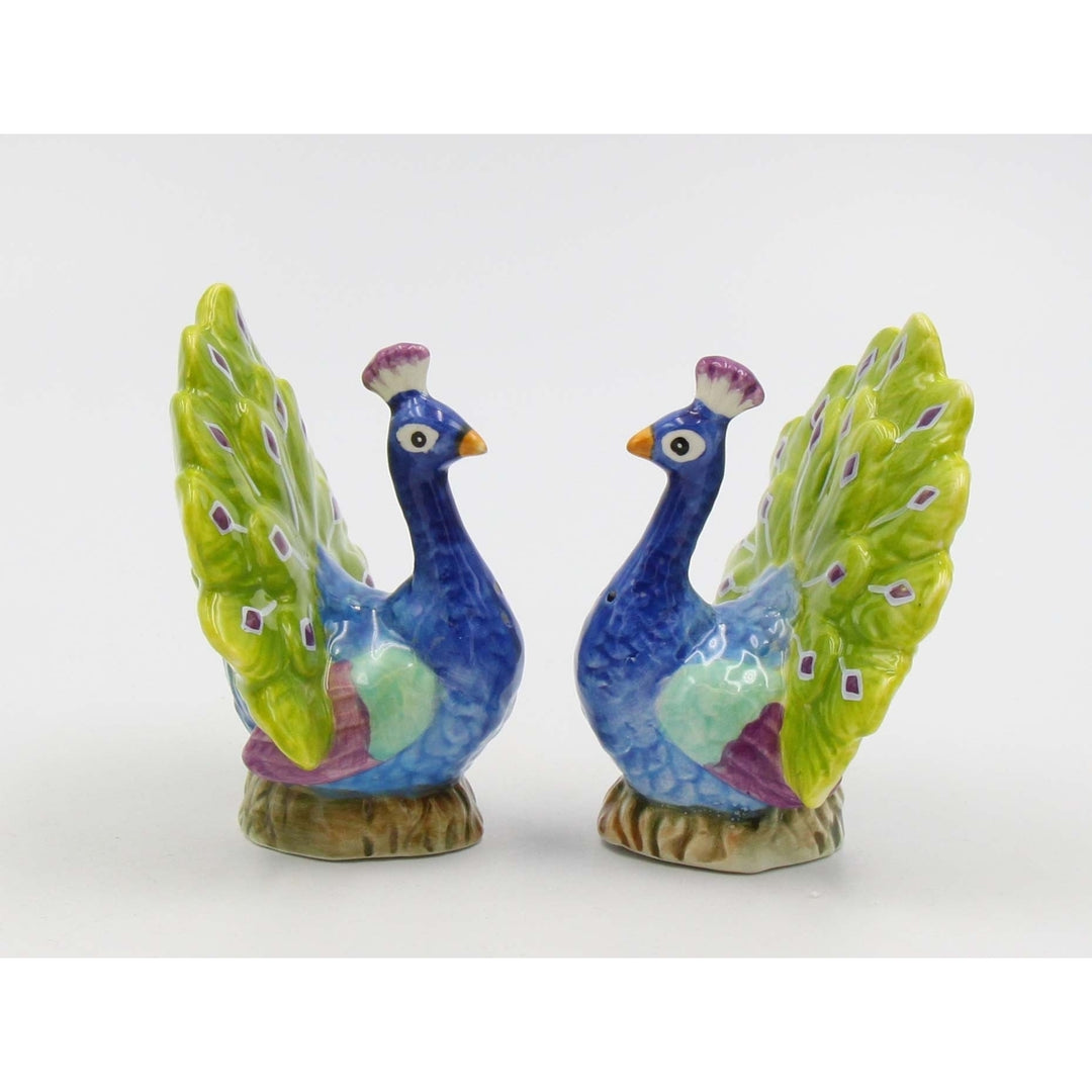 Hand Painted Ceramic Blue Peacock Salt and Pepper Shakers 3x2.25x3.38 Image 3