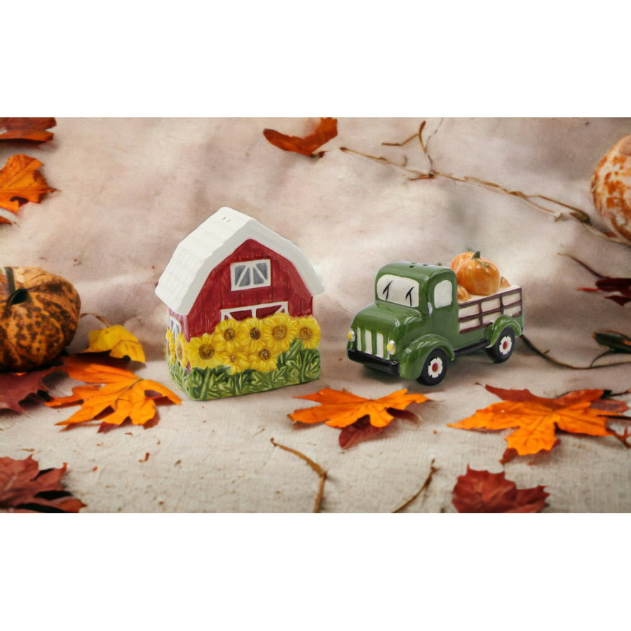 Ceramic Sunflower Barn Red Truck Pumpkins Salt Pepper Shakers Image 1