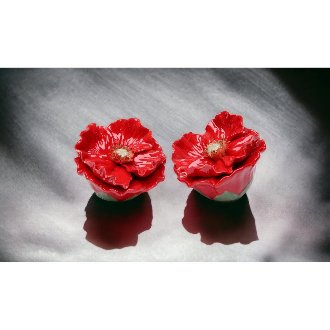 Ceramic Red Poppy Flower Salt and Pepper Shakers 2.5in Image 1