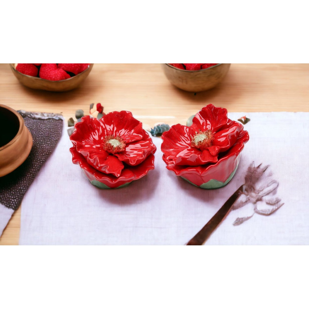 Ceramic Red Poppy Flower Salt and Pepper Shakers 2.5in Image 2