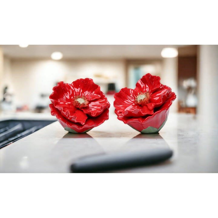 Ceramic Red Poppy Flower Salt and Pepper Shakers 2.5in Image 3