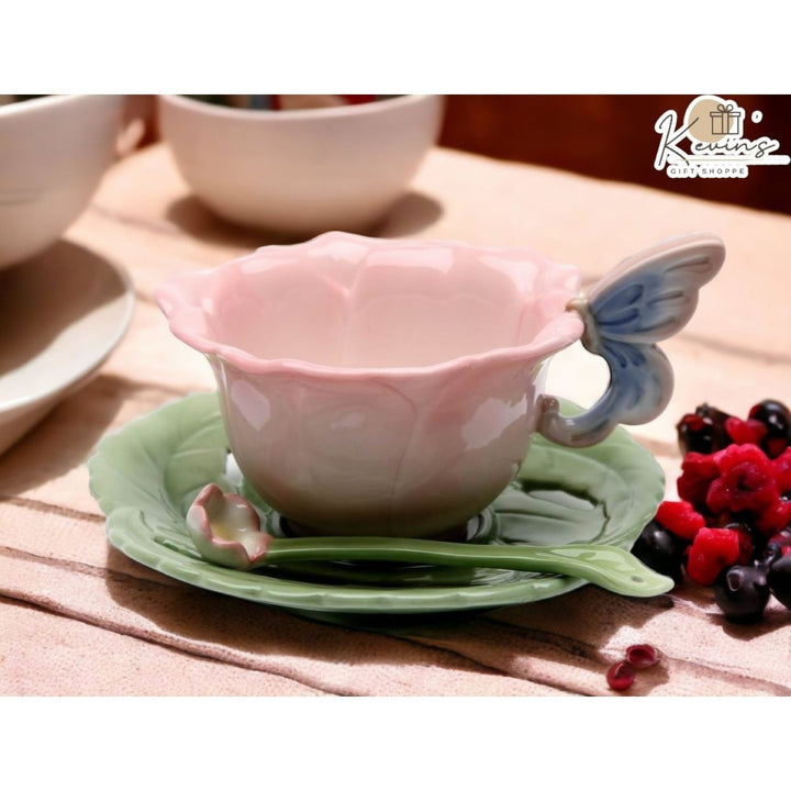 Ceramic Rose Butterfly Cup Saucer Spoon Set  Mom Image 1