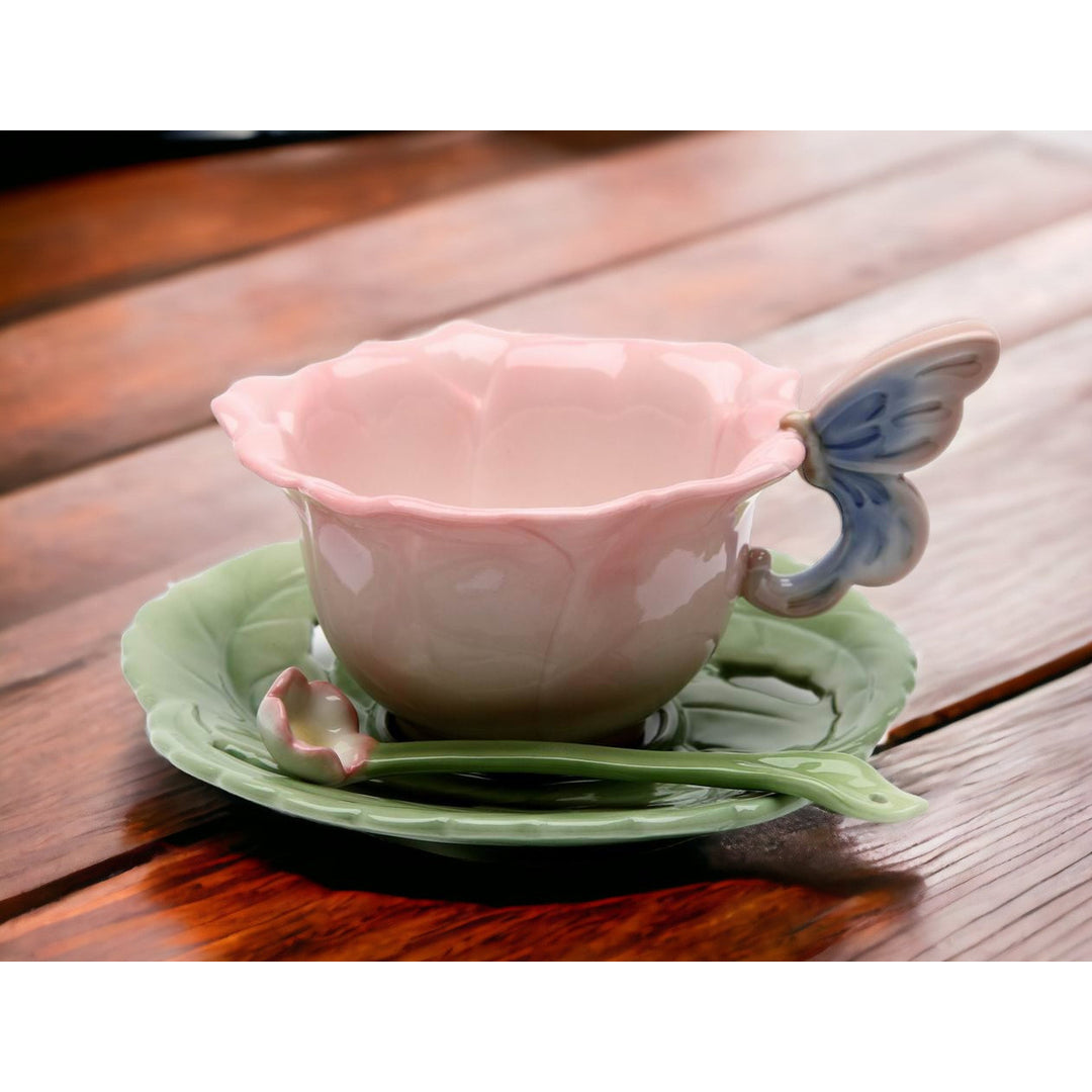 Ceramic Rose Butterfly Cup Saucer Spoon Set  Mom Image 2