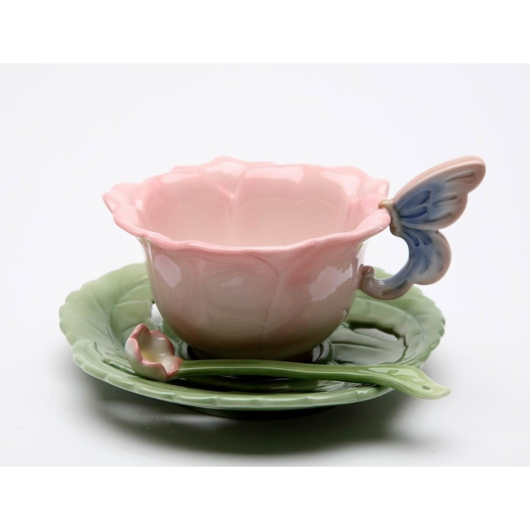 Ceramic Rose Butterfly Cup Saucer Spoon Set  Mom Image 4