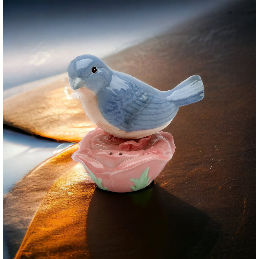 Ceramic Bluebird Rose Magnetic Salt Pepper Shakers 3.5in Gift Image 1