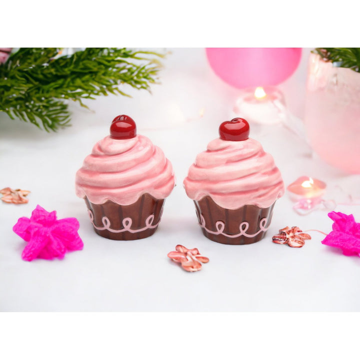 Ceramic Pink Cupcake Salt and Pepper Shakers 2.25 Inch Gift Image 1