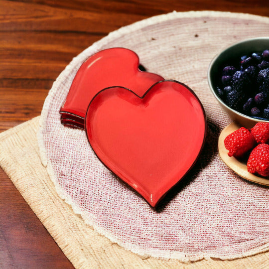 Ceramic Red Heart-Shaped Plates Set of 4 2.75x1.75x3.25 Wedding Anniversary Decor Image 1