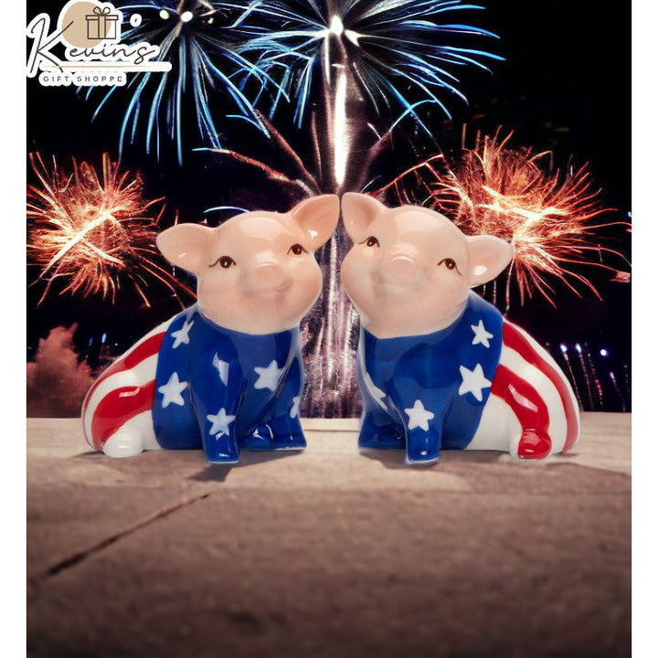 Ceramic American Flag Pig Salt and Pepper Shakers Image 1