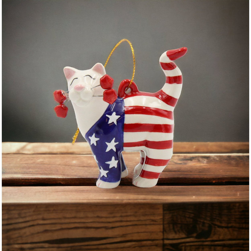 Ceramic Patriotic Cat Ornament 3x1.5x2.75 Independence Day Decor Gift for Cat Image 2