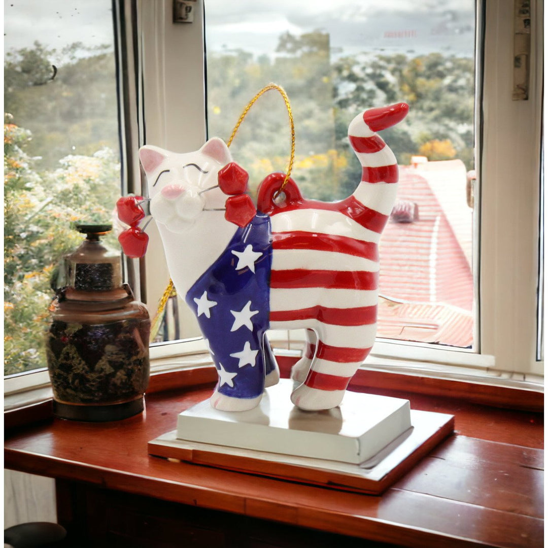 Ceramic Patriotic Cat Ornament 3x1.5x2.75 Independence Day Decor Gift for Cat Image 3