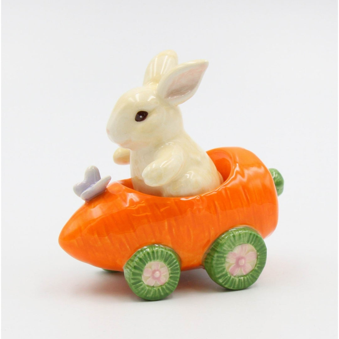 Ceramic Bunny Rabbit Carrot Racecar Salt Pepper Shakers Spring Image 4