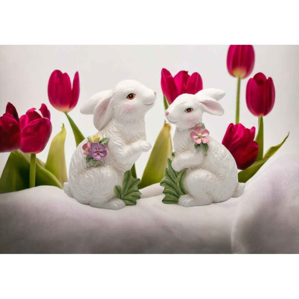 Springtime Bunnies Set of 2 Ceramic Easter Rabbits Decorative Figurines 5 7/8 inch Image 2