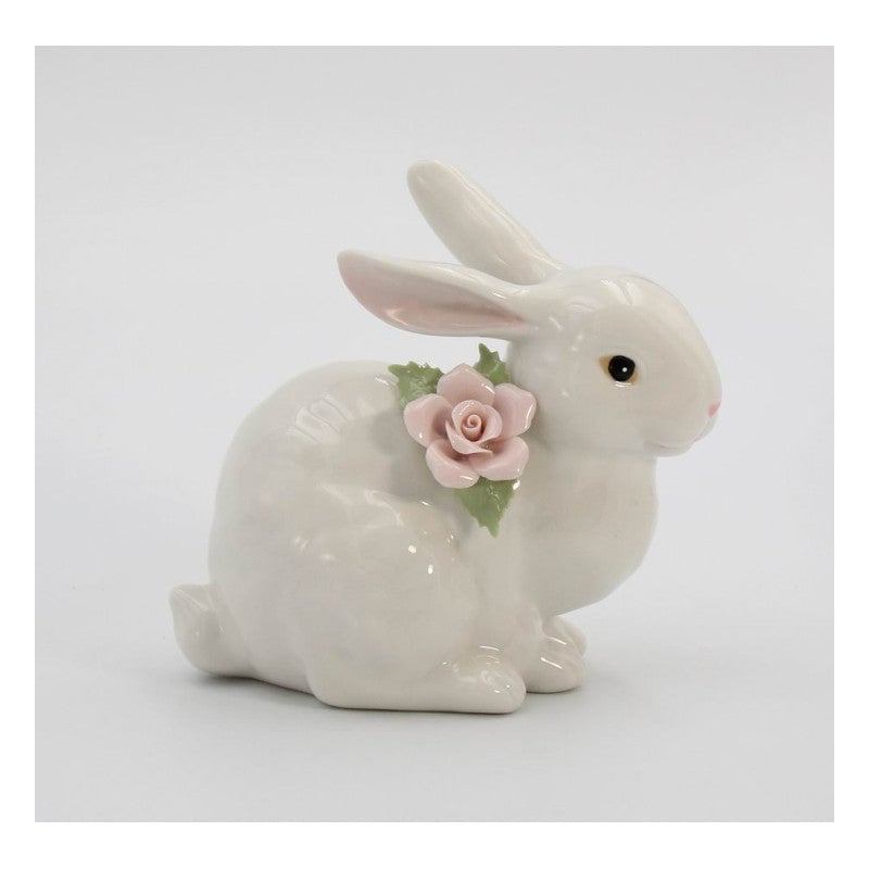 Springtime Bunnies Crouching Easter Bunny Figurine with Pink Rose 4.5 Inch Image 2