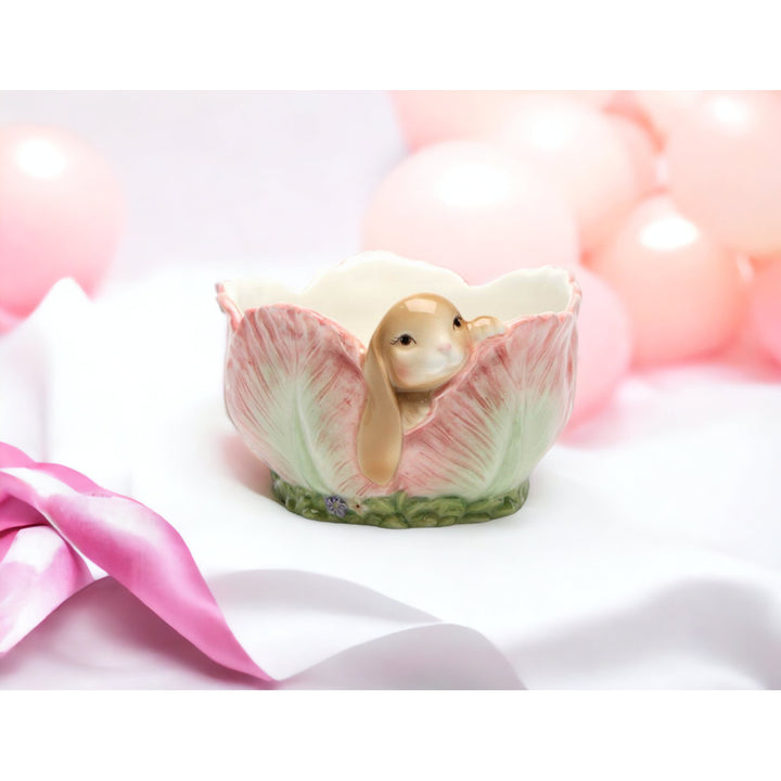 Ceramic Easter Bunny Rabbit Flower Candy Bowl  5x4.5 Image 1