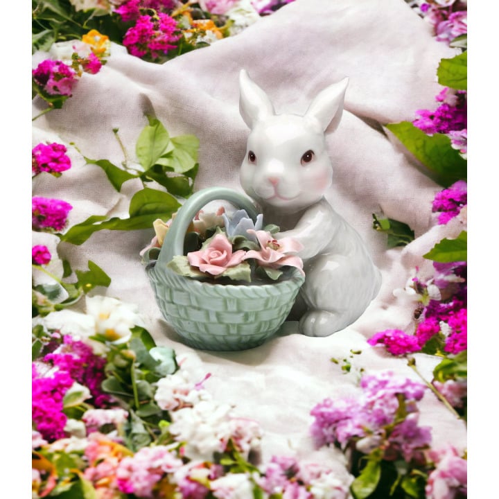 Ceramic Easter Bunny Figurine with Flower Basket 3.5in Spring Gift Image 1