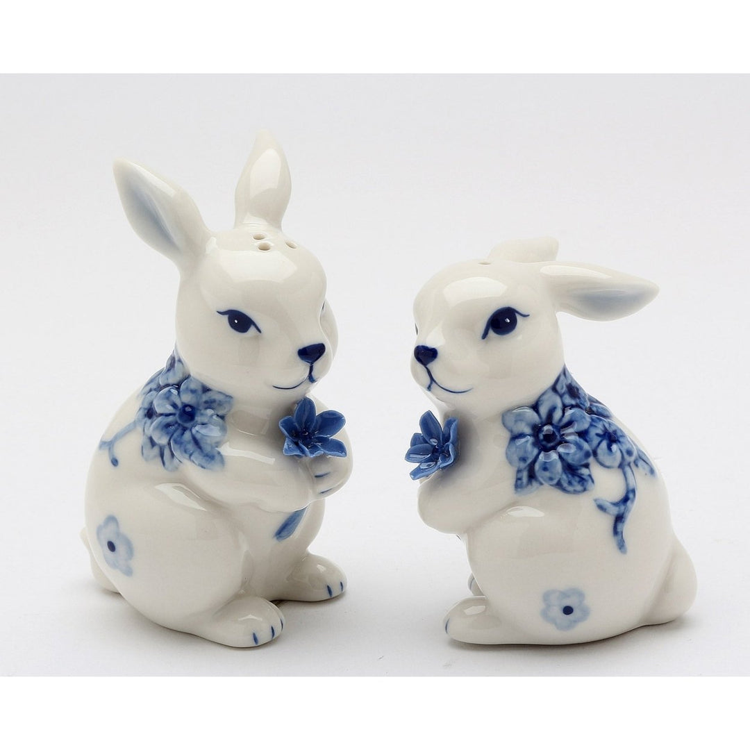 Ceramic Easter Bunny Salt and Pepper Shakers Blue Flowers Gift Image 3