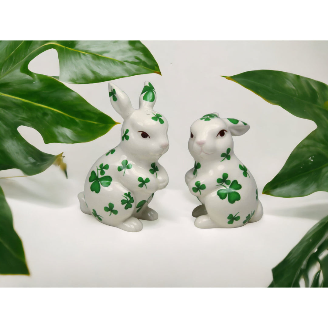 Ceramic Irish Easter Bunny Salt and Pepper Shakers Shamrock Pattern Image 1