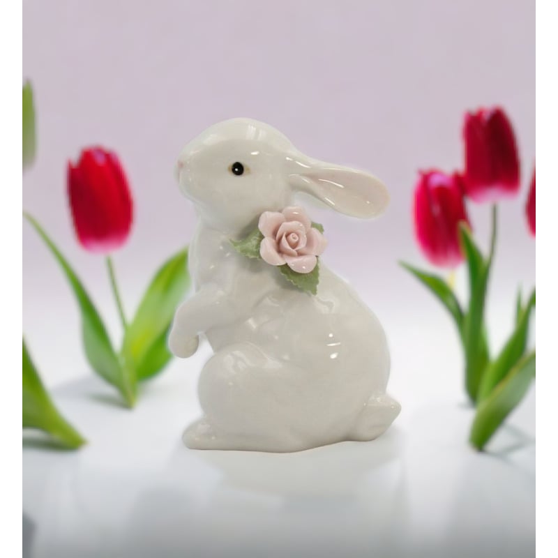 Springtime Bunnies Standing Easter Bunny Rabbit Ceramic Figurine Pink Rose 5" Image 1