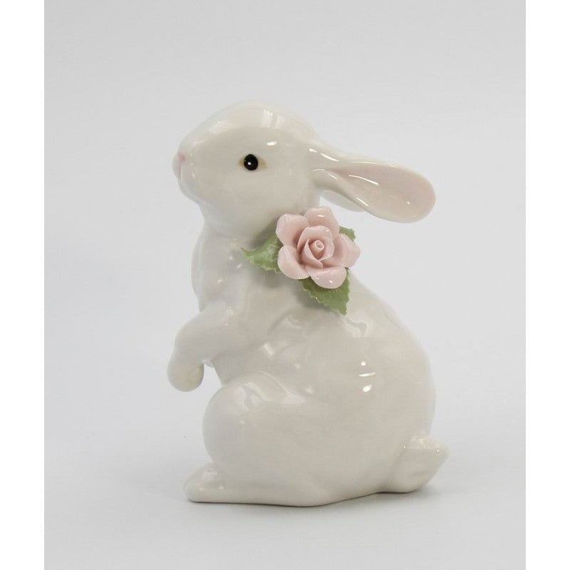 Springtime Bunnies Standing Easter Bunny Rabbit Ceramic Figurine Pink Rose 5" Image 2