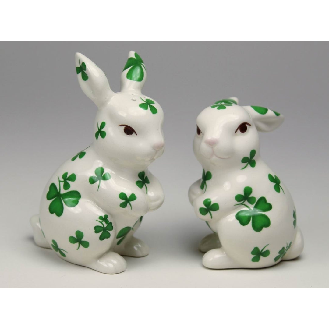 Ceramic Irish Easter Bunny Salt and Pepper Shakers Shamrock Pattern Image 3