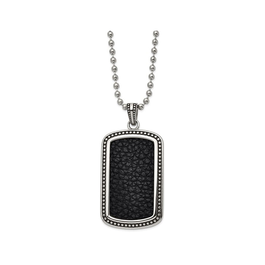Mens Stainless Steel Black Textured Leather Inlay Dog Tag Pendant Necklace with Chain Image 1