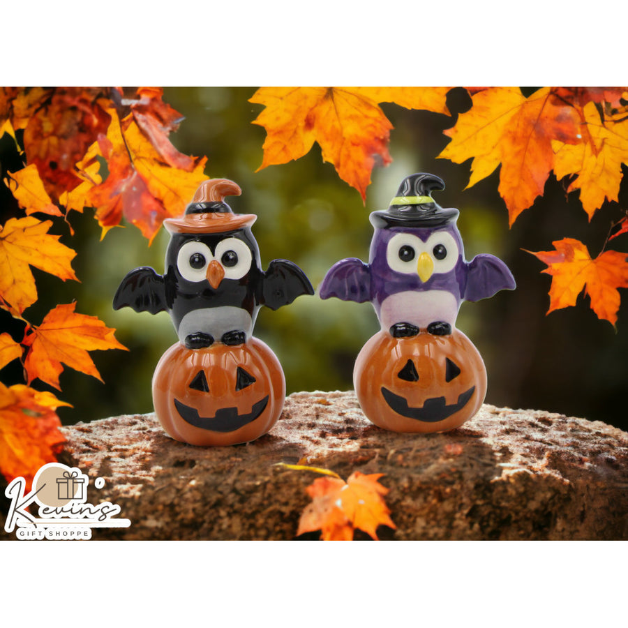 Ceramic Halloween Owl Witches Salt and Pepper Shakers Image 1