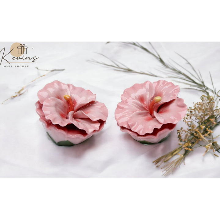 Ceramic Hibiscus Flower Salt and Pepper Shakers 2.5 Inch Gift Image 1