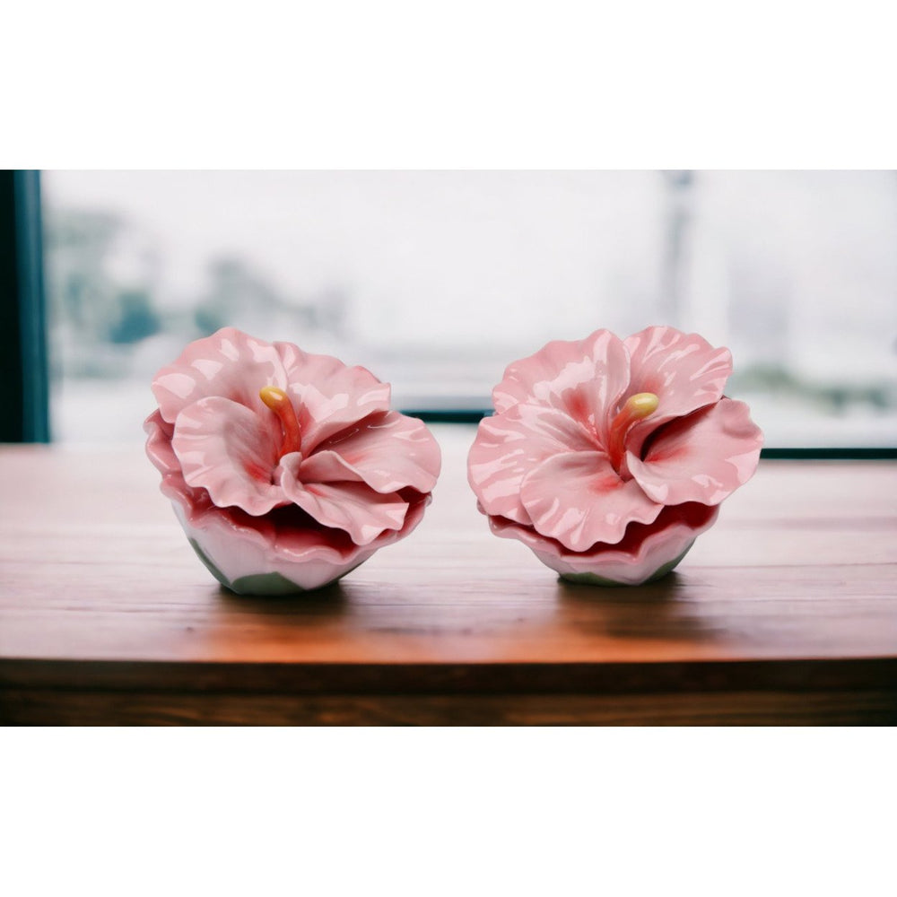 Ceramic Hibiscus Flower Salt and Pepper Shakers 2.5 Inch Gift Image 2