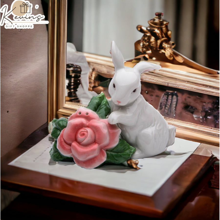 Ceramic Rabbit Salt and Pepper Shakers with Rose Flower Spring Gift Image 1