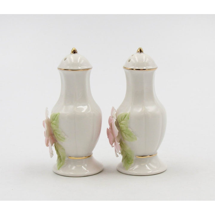 Ceramic Pink Rose Salt and Pepper Shakers Gold Trim Image 4